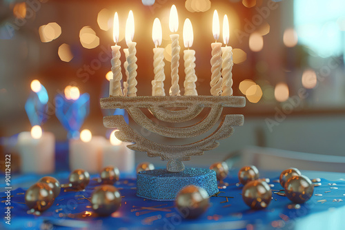 Generative ai on theme of big candlestick with burning candles for celebration holiday Hanukkah photo