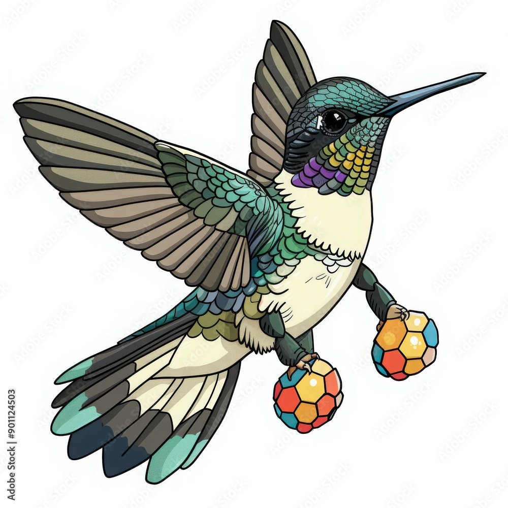 Obraz premium Colorful hummingbird with vibrant feathers and playful demeanor, showcasing its unique charm and beauty in a whimsical style.