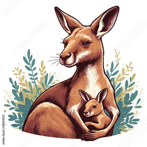 mom kangaroo with baby kangaroo on her chest vector