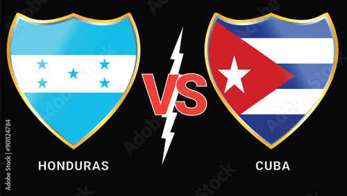 Honduras vs Cuba: Soccer match with flags on black background