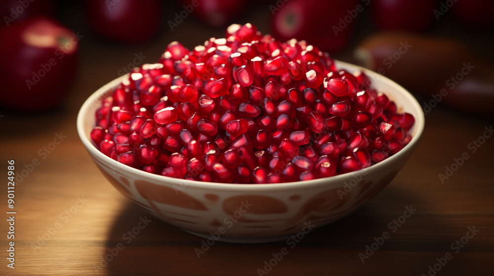 A bowl of juicy, ruby-red pomegranate seeds. A bowl of juicy, ruby-red pomegranate seeds.