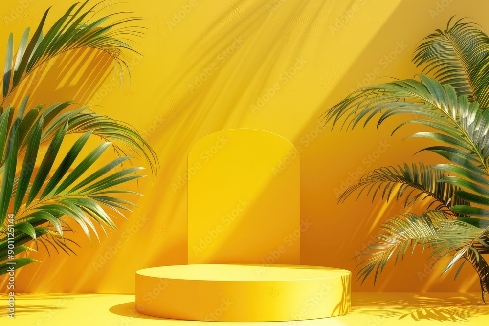 Yellow Background with Round Pedestal and Palm Leaves Yellow Background with Round Pedestal and Palm Leaves