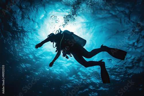 Generative ai on theme of scuba diver goes on underwater adventure among the deep scary blue sea