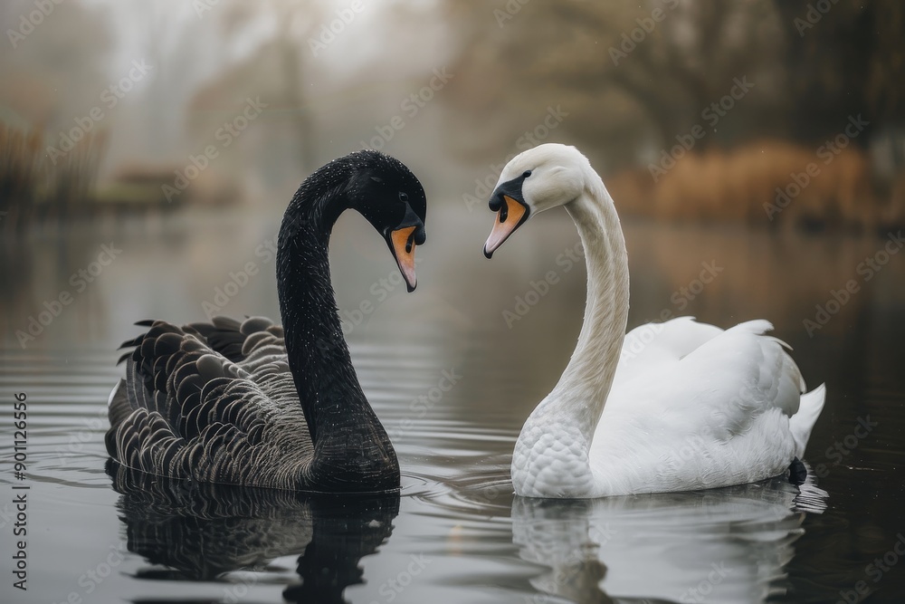 Both white and black swans coexisting in a spacious pond, their distinct beauty and the peaceful ambiance of the environment Both white and black swans coexisting in a spacious pond, their distinct beauty and the peaceful ambiance of the environment