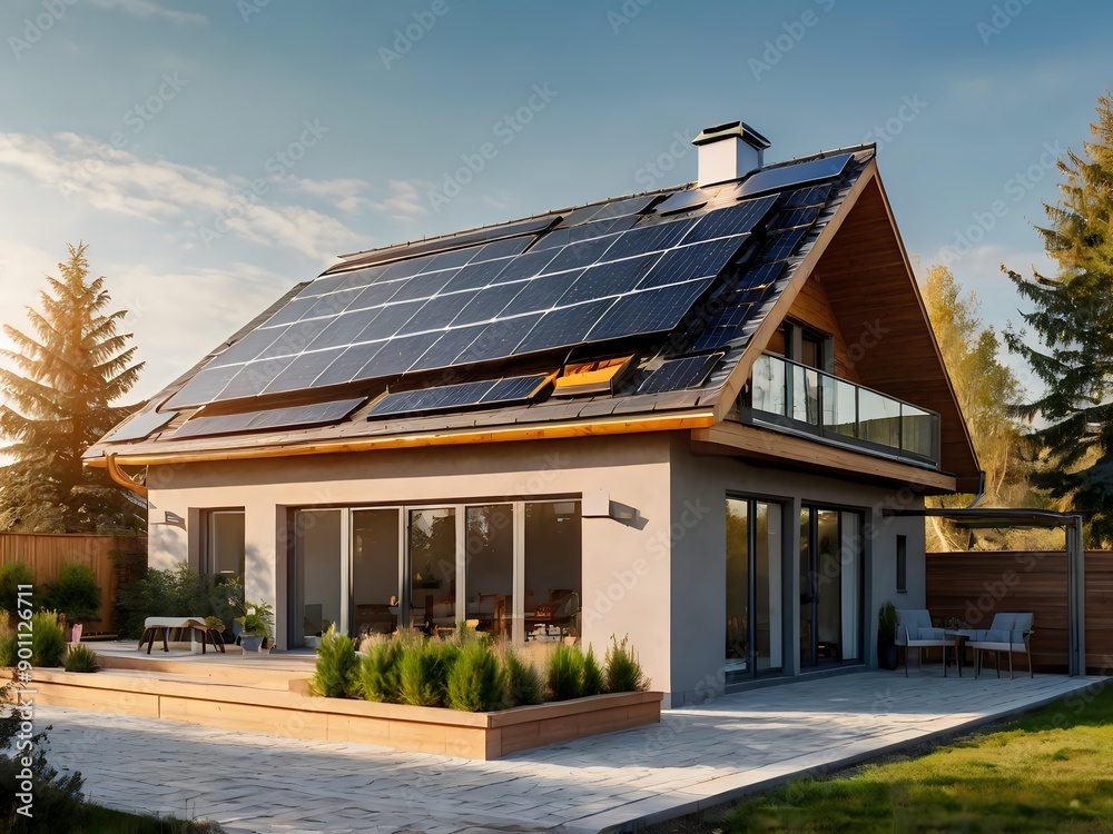Close-up of a new suburban house with a photovoltaic system on the roof. Simple and modern environmentally friendly house with solar panels on the gable roof, with sunlight during the day Close-up of a new suburban house with a photovoltaic system on the roof. Simple and modern environmentally friendly house with solar panels on the gable roof, with sunlight during the day