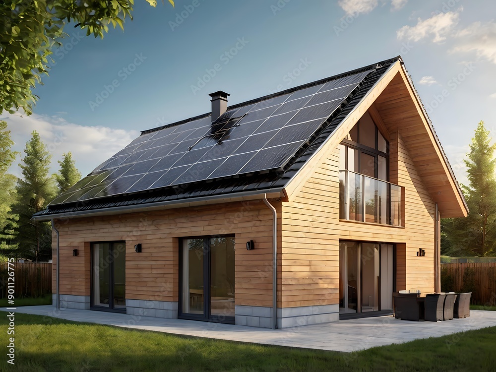 Close-up of a new suburban house with a photovoltaic system on the roof. Simple and modern environmentally friendly house with solar panels on the gable roof, with sunlight during the day Close-up of a new suburban house with a photovoltaic system on the roof. Simple and modern environmentally friendly house with solar panels on the gable roof, with sunlight during the day