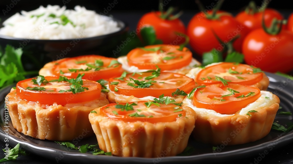   A sharp focus of a platter adorned with juicy tomatoes amidst various dishes on an ambient table setting
