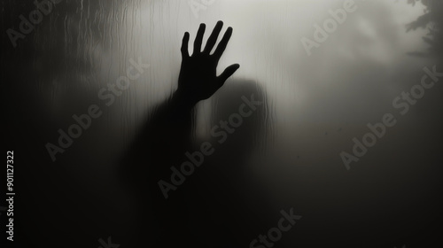 A black and white silhouette of a hand pressing against foggy glass, creating a mysterious and eerie atmosphere.