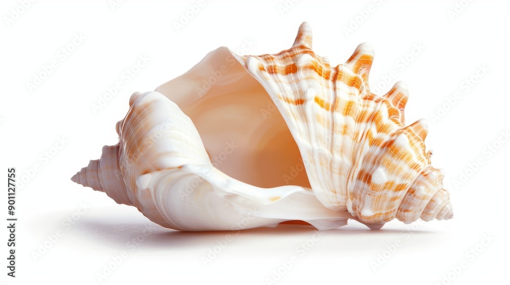 A highly detailed seashell with intricate ridges, isolated on a white background with ample copy text space, perfect for commercial use