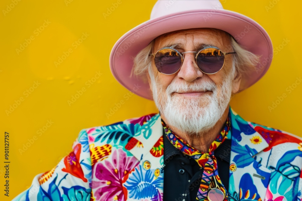 Elderly man with a white beard wearing a colorful outfit and yellow-tinted glasses against a yellow background Elderly man with a white beard wearing a colorful outfit and yellow-tinted glasses against a yellow background
