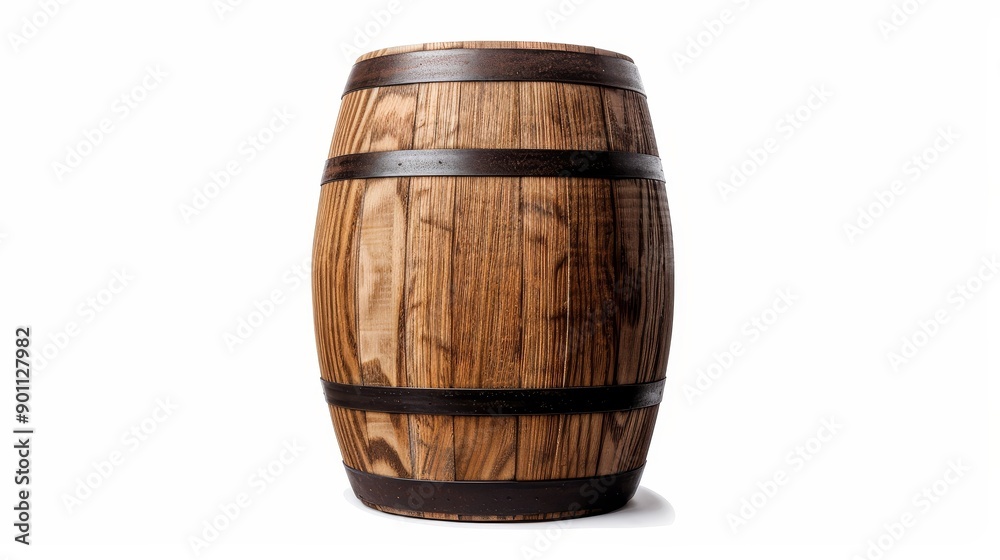 Fototapeta premium A single rustic wooden barrel with iron bands, isolated background, clear space for text, detailed wood grain and metal textures, commercial use ready