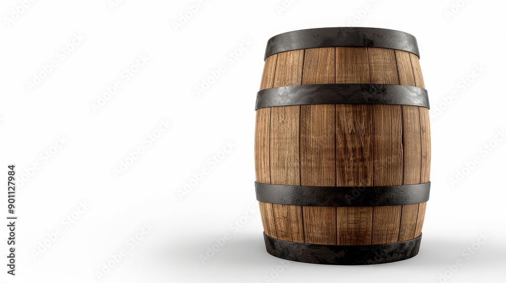 A single rustic wooden barrel with iron bands, isolated background, clear space for text, detailed wood grain and metal textures, commercial use ready A single rustic wooden barrel with iron bands, isolated background, clear space for text, detailed wood grain and metal textures, commercial use ready