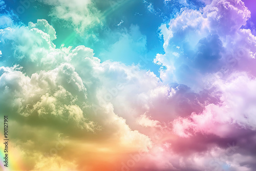 Generative ai on theme of beautiful tranquil landscape with magical bright rainbow at cloudy sky