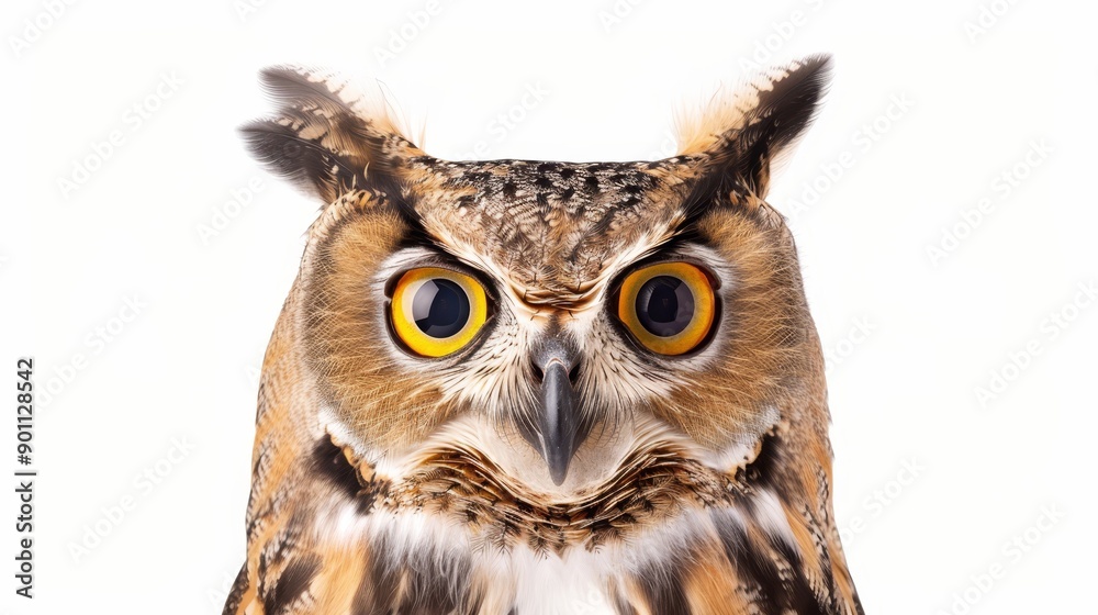 Obraz premium An owl with striking wide eyes, detailed feathers, and isolated on a white background, ample text space for commercial use