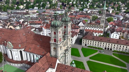 St. Gallen Cityscape Skyline, Abbey Cathedral of Saint Gall in Switzerland in a day. Beautiful Aerial View with drone. 