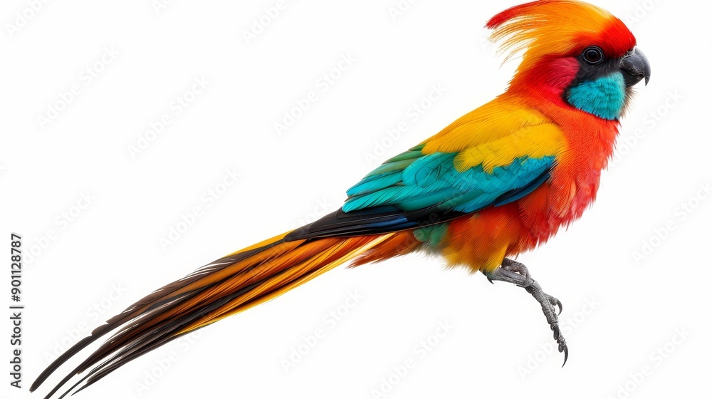 Brightly colored tropical bird with a long tail, isolated, simple background, right side text space Brightly colored tropical bird with a long tail, isolated, simple background, right side text space