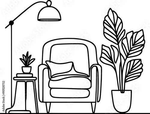 Continuous line drawing Sofa set with floor lamps, plant vector illustration generated by Ai