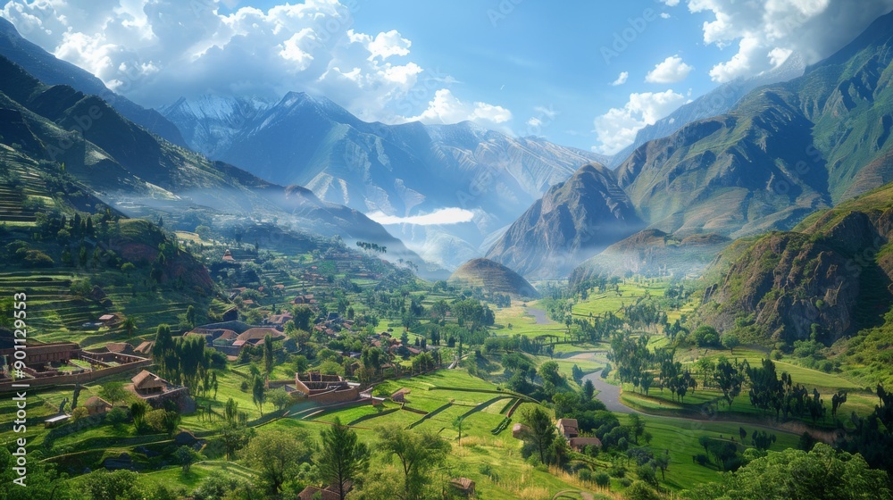 Obraz premium Sacred Valley of the Incas (Peru): Nestled in the Andes near Cusco, this fertile valley features picturesque terraces, ancient ruins, and traditional villages
