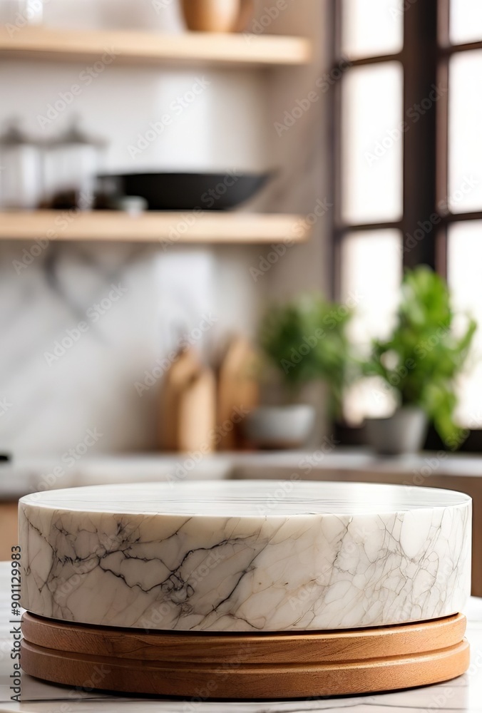 Wooden Podium on Marble Tabletop for Product Display with Defocused Kitchen Background. Made with Generative AI Technology Wooden Podium on Marble Tabletop for Product Display with Defocused Kitchen Background. Made with Generative AI Technology