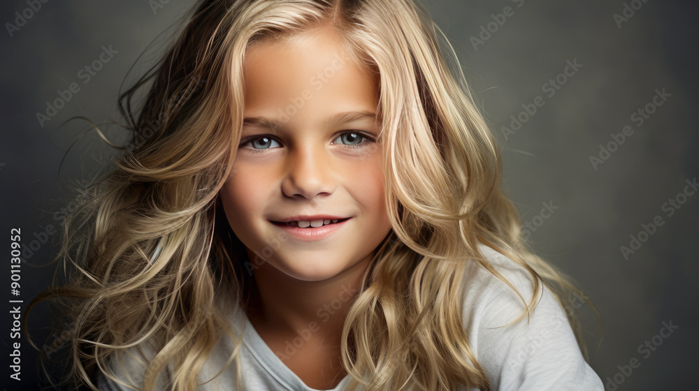 Portrait of a beautiful, happy smiling blond boy with long hair and perfect skin, silver background, banner. Portrait of a beautiful, happy smiling blond boy with long hair and perfect skin, silver background, banner.