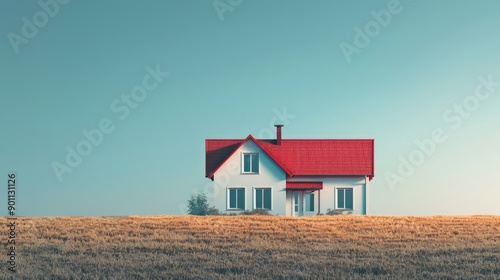 A Serene Rural Landscape Featuring a White House With a Red Roof Under a Clear Blue Sky. Generative AI