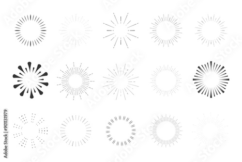 Set Fireworks, rays, sunburst frames circle border decoration, sparkle in doodle style, line sketch explosion isolated on white background.