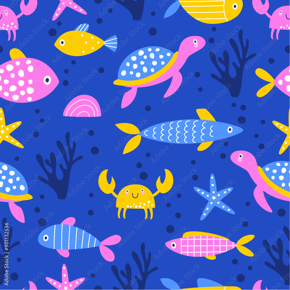 Seamless pattern with the underwater world. Children's print with funny fish, crabs, turtles and sea creatures. Seamless pattern with the underwater world. Children's print with funny fish, crabs, turtles and sea creatures.