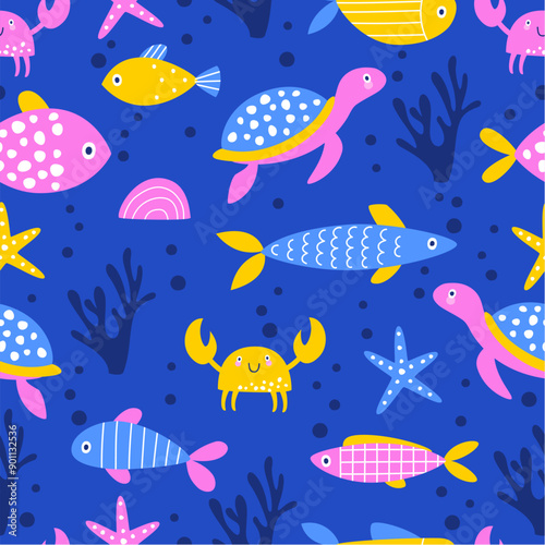 Seamless pattern with the underwater world. Children's print with funny fish, crabs, turtles and sea creatures.