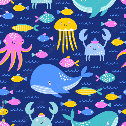 Seamless pattern with the underwater world. Children's print with whales, fish, crabs and sea creatures.