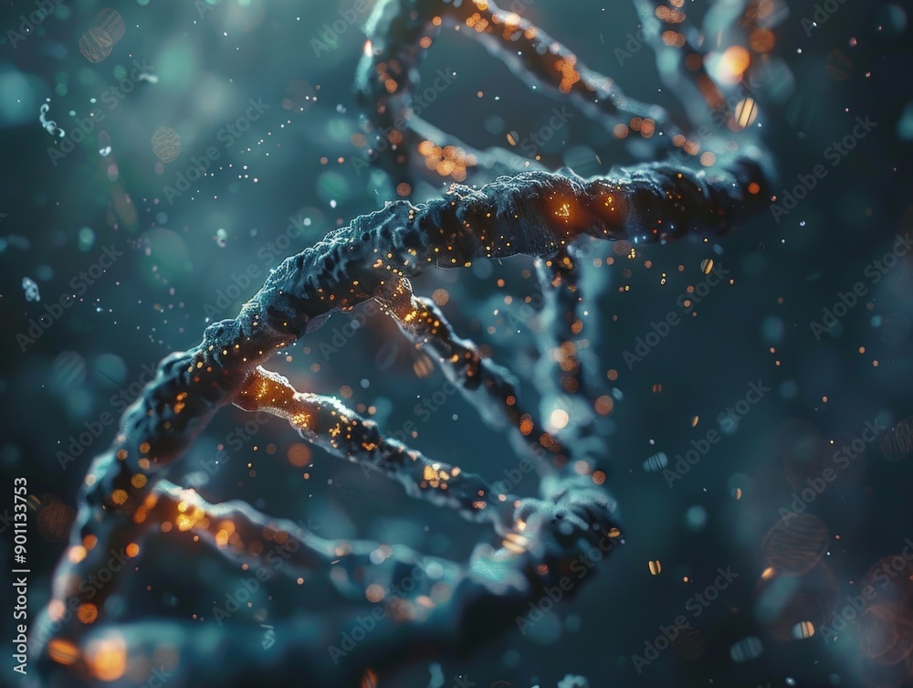 Intricate Close-Up of a Glowing DNA Double Helix Amidst a Starry Backdrop Intricate Close-Up of a Glowing DNA Double Helix Amidst a Starry Backdrop