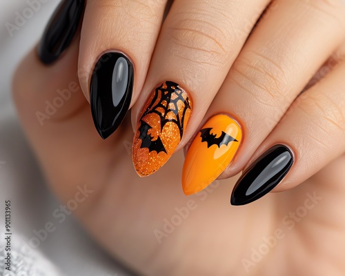 Halloweeninspired nail art designs with bats, pumpkins, and cobwebs, Halloween beauty, creative manicure photo