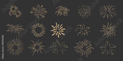 Set gold fireworks, firecrackers golden burst, rays festive doodle sparkle lights isolated on dark background.Celebration, Party Icon, Anniversary, New Year Eve, independence