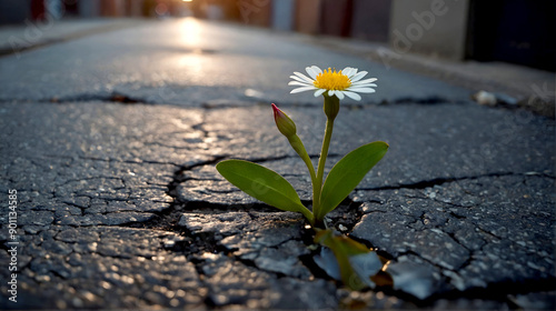 Fototapeta Naklejka Na Ścianę i Meble -  small flower grow on cracked street