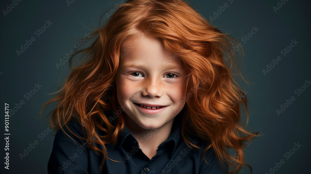 Portrait of a beautiful, happy smiling boy with long red hair and perfect skin, dark blue background, banner. Portrait of a beautiful, happy smiling boy with long red hair and perfect skin, dark blue background, banner.