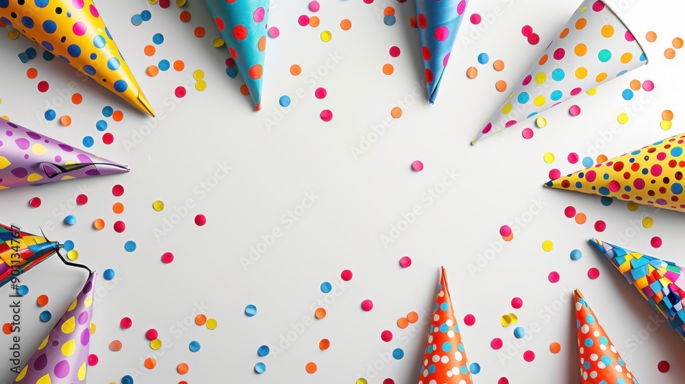 Colorful party hats and confetti arranged in a circle on a white background, perfect for celebration and festive occasions. Colorful party hats and confetti arranged in a circle on a white background, perfect for celebration and festive occasions.