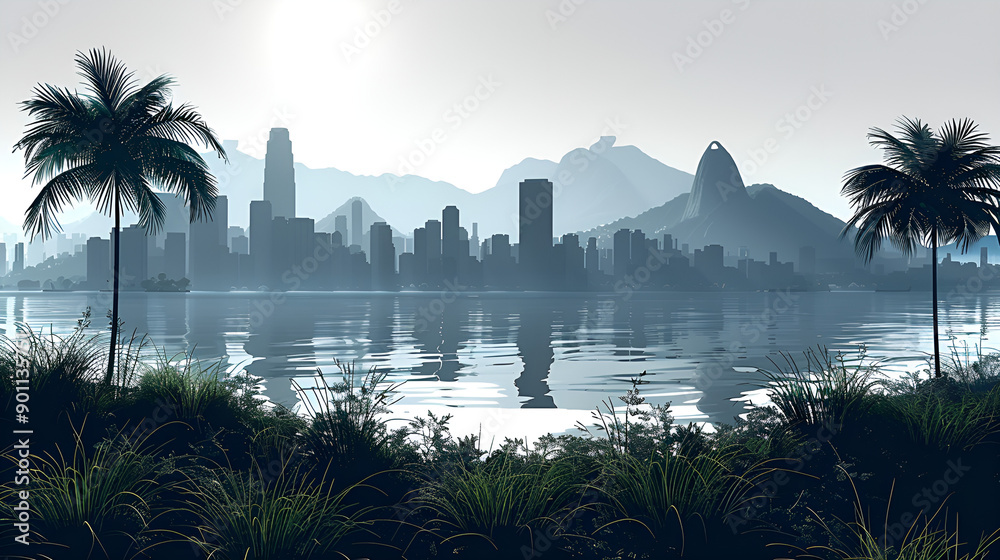Obraz premium City skyline with palm trees and water in the foreground.