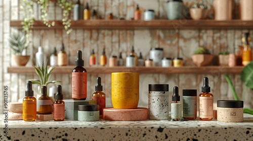 Minimalist product display with skincare bottles, jars, and containers on terrazzo countertop, shelves in background. © Rusti_video & image