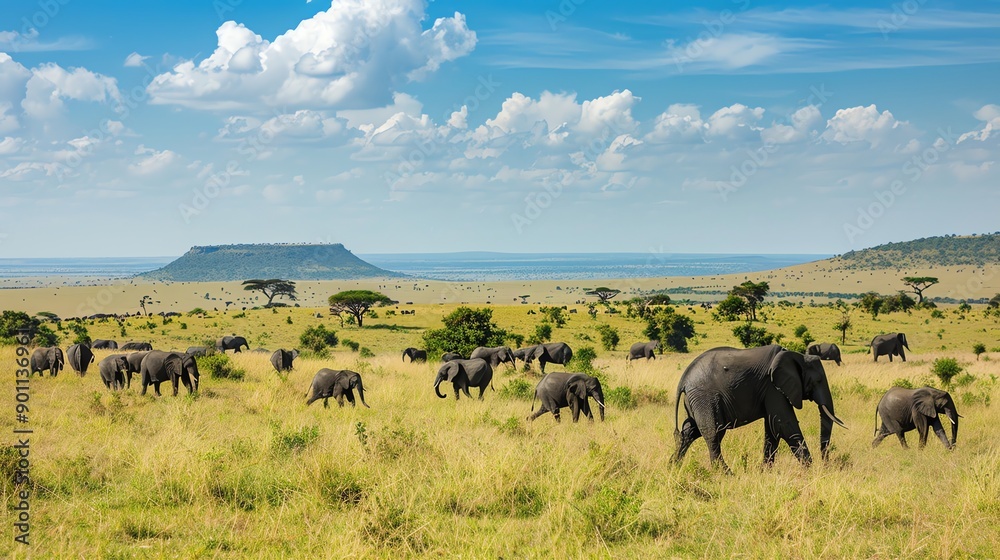 A herd of elephants walking through a savanna landscape. A herd of elephants walking through a savanna landscape.