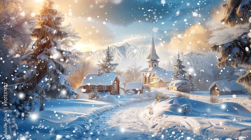 Fototapeta premium A snowy winter scene with houses and trees, with a church steeple rising above the village.