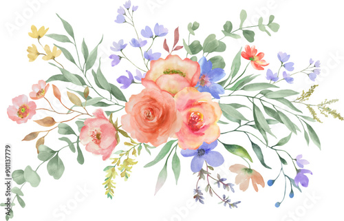 Watercolor flowers. Hand drawn floral illustration. Botanic composition with eucalypt leaves for greeting card. Vector EPS.