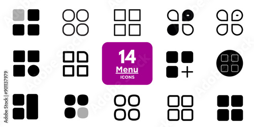 Hamburger menu icons set for web and mobile apps. Includes vector buttons for website UI navigation, featuring hamburger or burger line menu icons for home, drop-down lists, and application drawers.