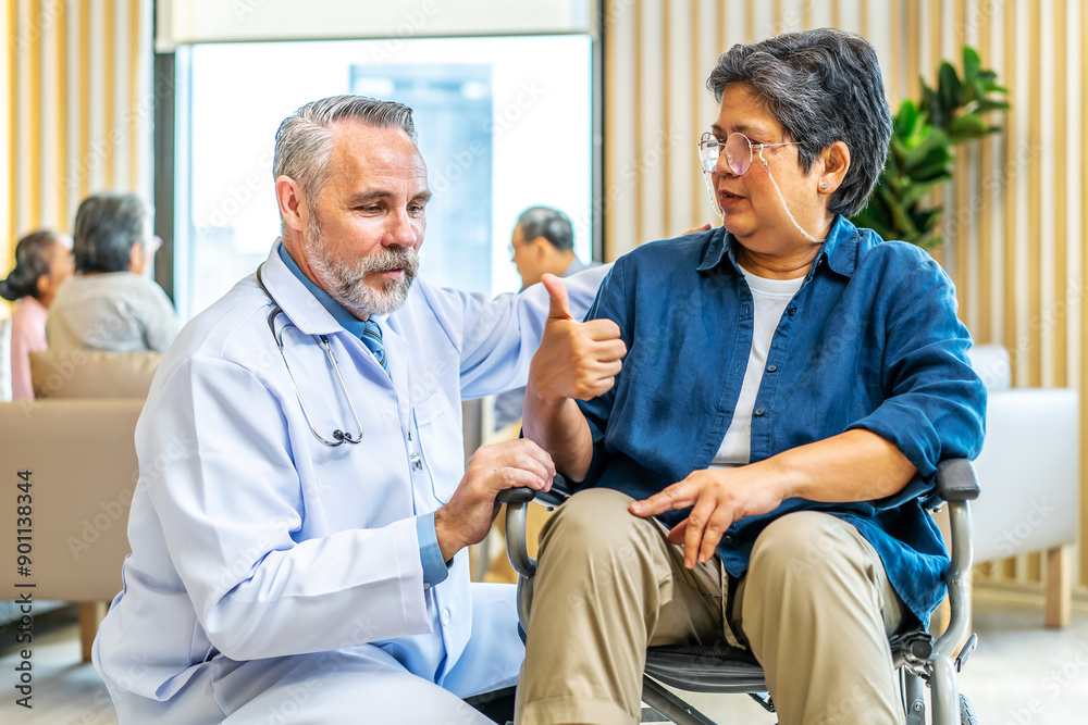 Orthopedist examines the knee of elderly patient to collect information for physical therapy treated. Doctor touch knee pain area of Old woman legs talking about knee pain symptom. Orthopedist examines the knee of elderly patient to collect information for physical therapy treated. Doctor touch knee pain area of Old woman legs talking about knee pain symptom.