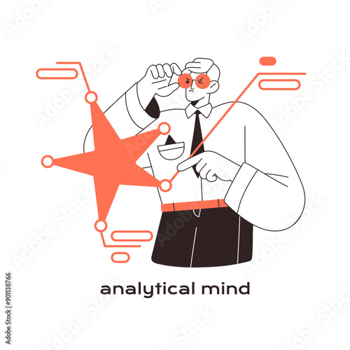 Employee with analytical mind researches. Office worker with critical, logical mindset explores. Type of thinking, thoughts, mental skill. Flat isolated outline vector illustration on white background
