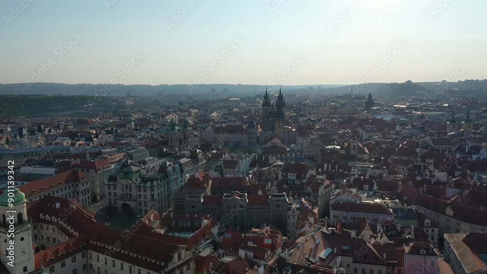 Aerial view of the historic city center of Prague, Czech Republic, churches, cathedrals, squares and neighborhoods in the morning on a clear sunny summer day - Old Town Square Aerial view of the historic city center of Prague, Czech Republic, churches, cathedrals, squares and neighborhoods in the morning on a clear sunny summer day - Old Town Square