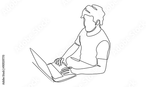 continuous line art of man with laptop computer