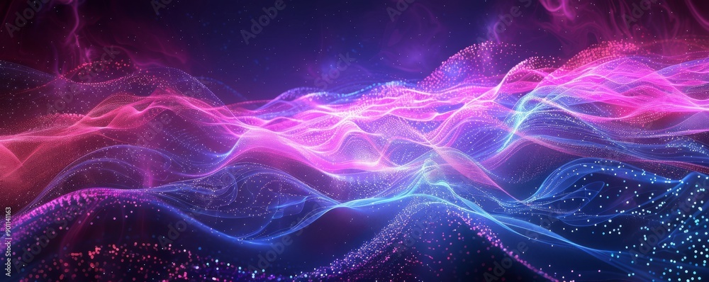 Fototapeta premium Flowing waves of pink and blue light particles creating a vibrant abstract visual on a dark background.