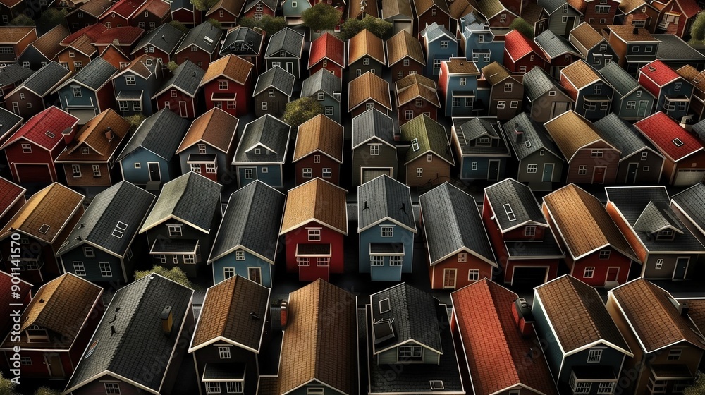 Fototapeta premium Aerial Perspective of Colorful Houses Overlooking a Vibrant Neighborhood During Golden Hour. Generative AI