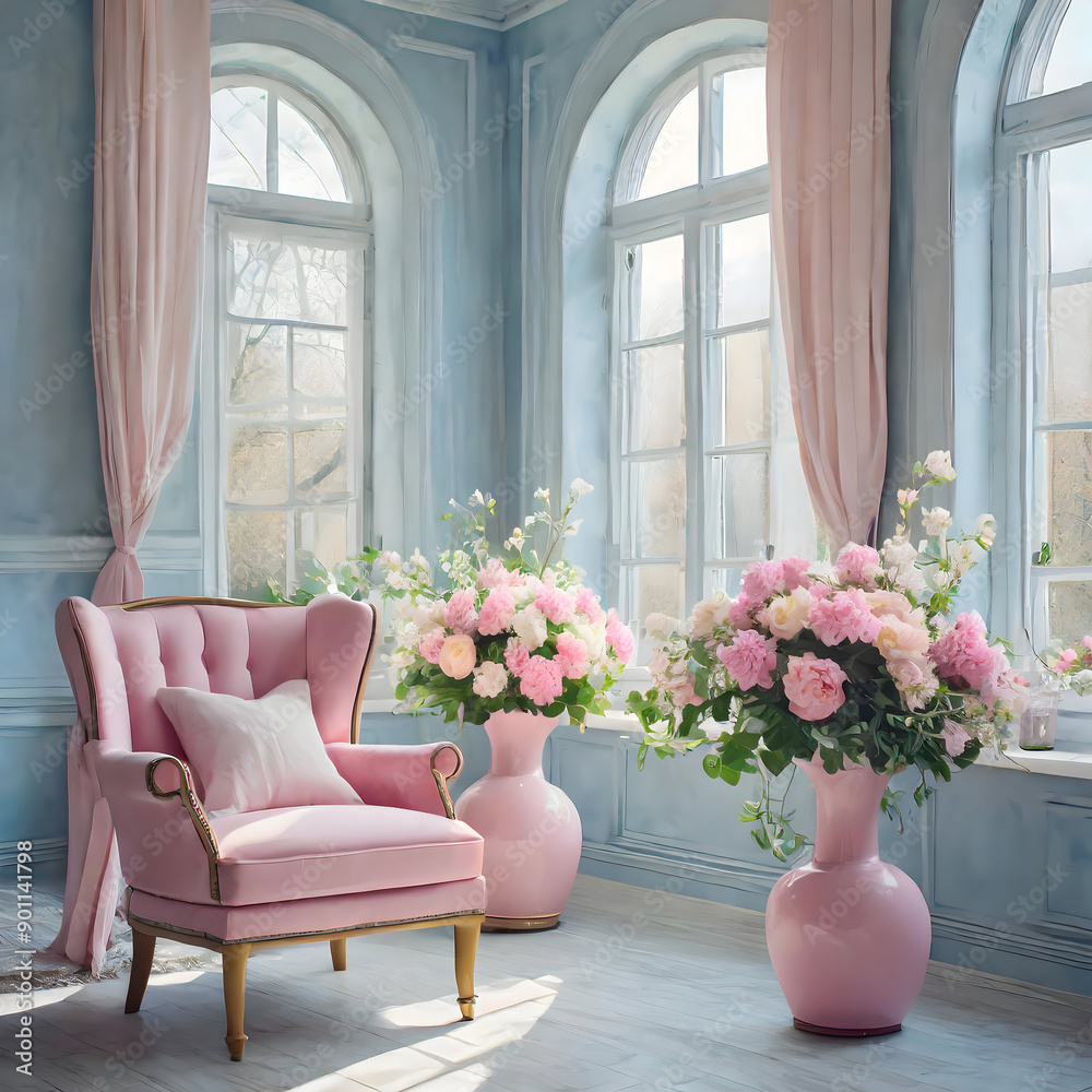 cozy room with two large windows, featuring a pink chair and two vases of flowers. The walls are painted in soft pastel colors.