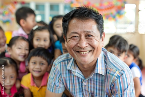 Portrait of an Asian philanthropist with children at a charity school, Generative AI