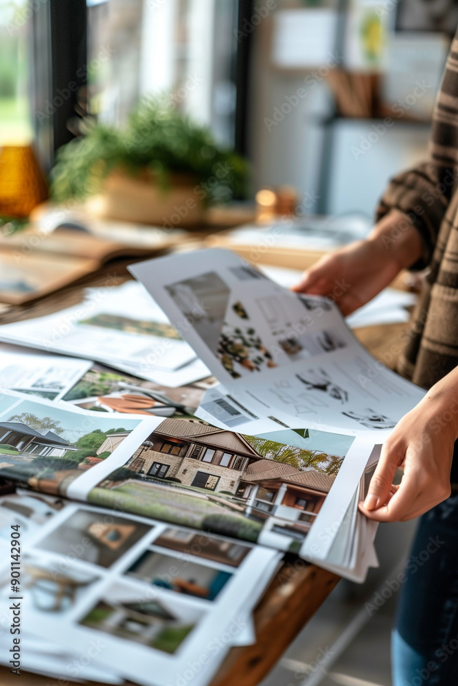 female designer working with sketches at table in office